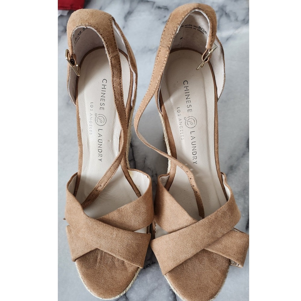 Chinese Laundry Tan Suede Espadrille Wedge Sandals Women's Size 8 38.5